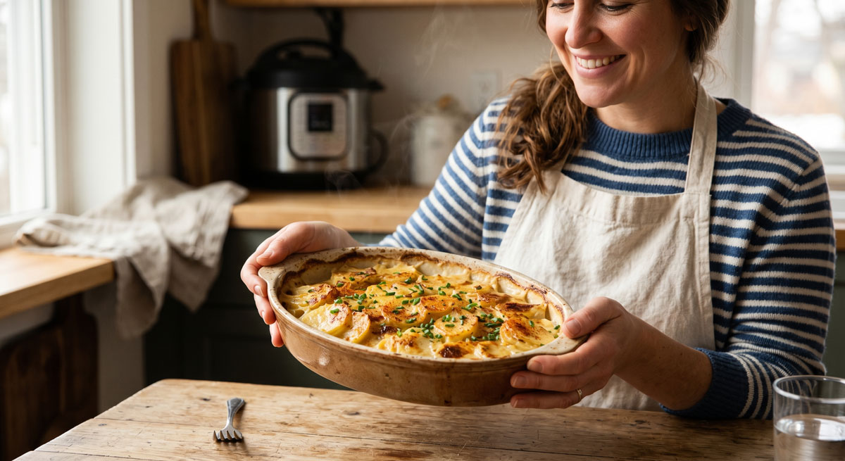 A smiling food blogger presents a warm, ceramic dish of creamy, golden-brown Scalloped Potatoes garnished with fresh chives, freshly prepared in a rustic kitchen setting.