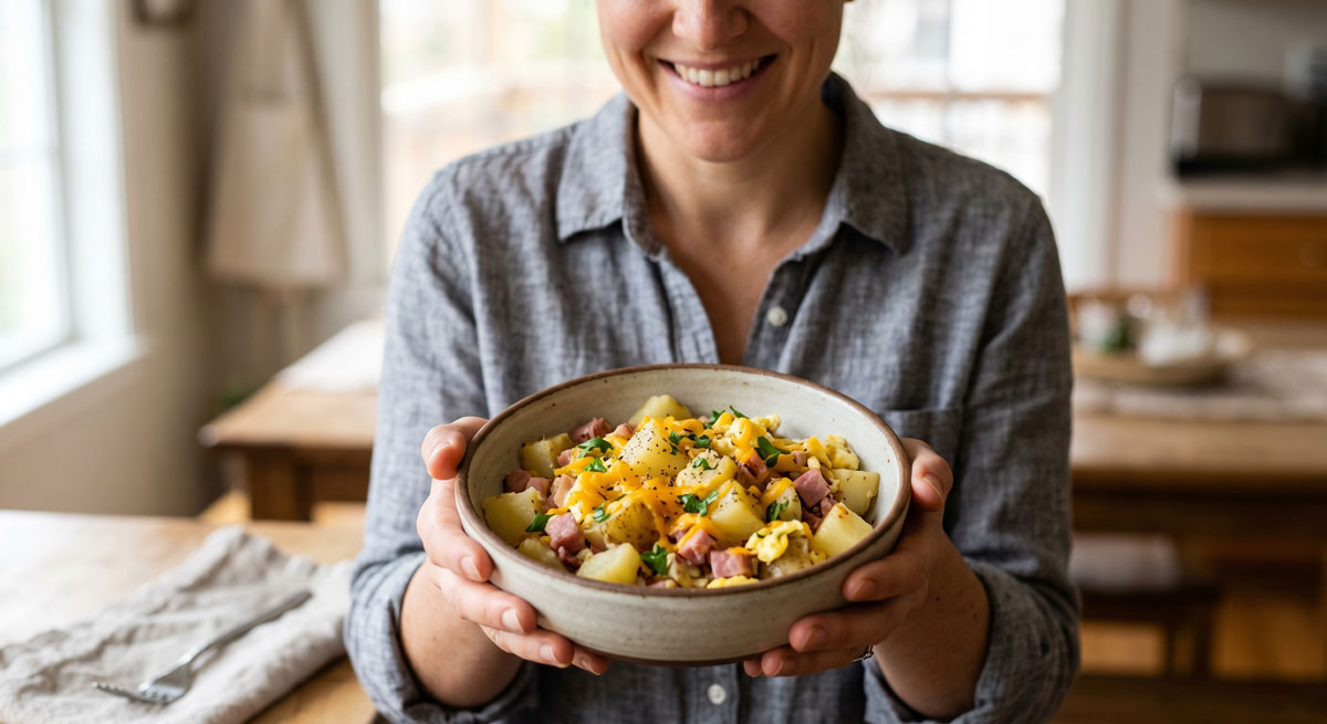 Smiling person in a gray shirt holds a bowl of potato hash with eggs and ham, presenting a hearty breakfast.
