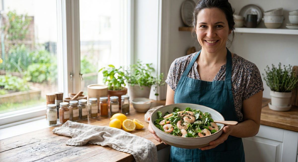 Smiling female chef in a rustic, bright kitchen presenting a large bowl of freshly made Watercress & Shrimp Salad topped with capers and lemon dressing.