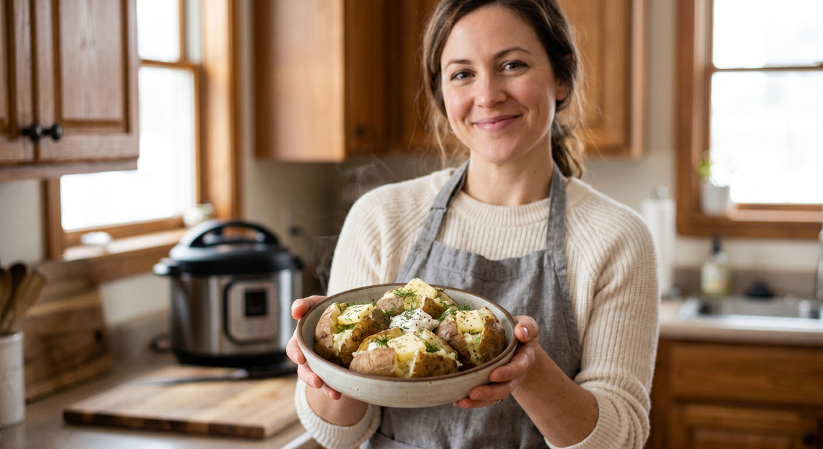 A smiling woman in a cozy kitchen holding a serving bowl of steaming, perfectly cooked Whole Baked Potatoes topped with melted butter and fresh dill, with an Instant Pot visible in the background.