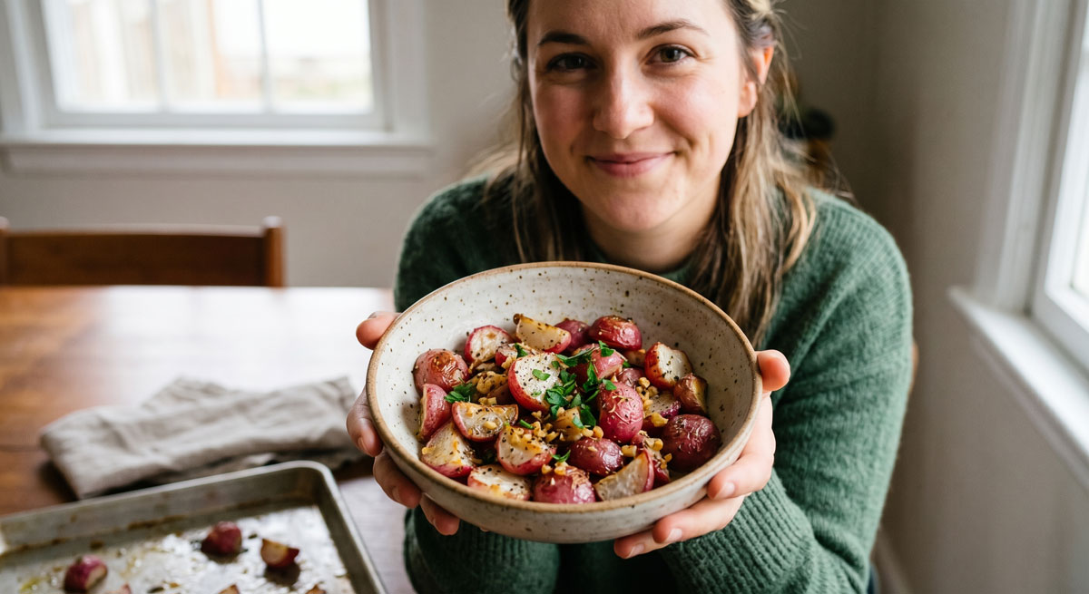 Smiling woman in a green sweater presents a ceramic bowl of roasted red potatoes garnished with herbs in a bright kitchen.