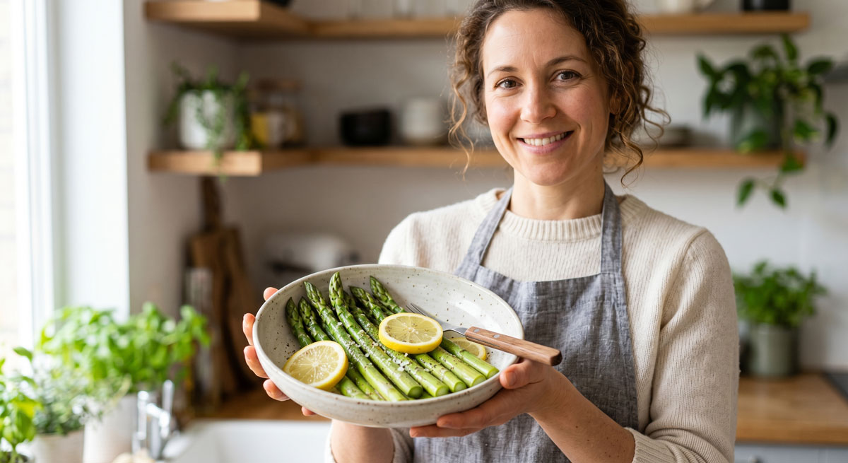 A smiling woman holding a rustic bowl of freshly prepared Boiled Asparagus with Sliced Lemon, lightly dressed with avocado oil and salt.