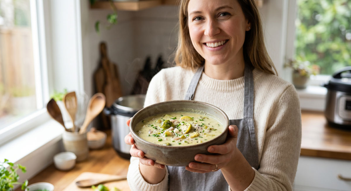 A smiling woman in a kitchen holds up a rustic bowl of creamy Brussels Sprouts Cream, garnished with halved Brussels sprouts and chives, with an Instant Pot and wooden utensils visible in the background.