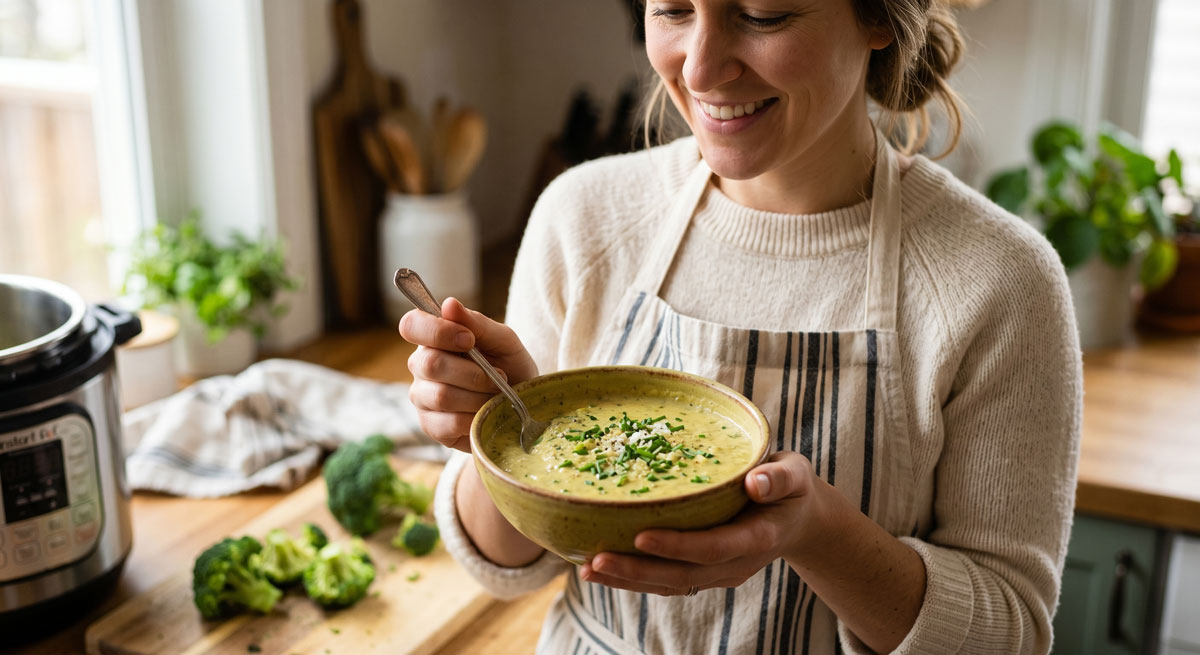 A smiling chef wearing a striped apron comfortably holding a warm, rustic bowl of blended cheesy broccoli with chives, with an Instant Pot and fresh ingredients in the background.