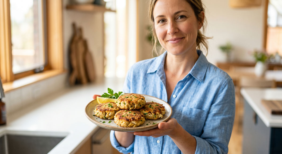 A smiling woman standing in a bright, modern kitchen holding a rustic plate of freshly pan-fried Crab Cakes with Almond Flour, garnished with fresh parsley and a lemon wedge.