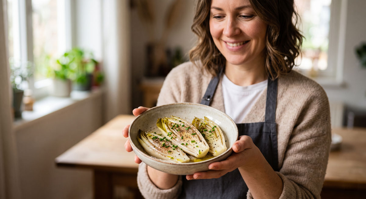 A close-up view of a smiling woman with medium-length wavy brown hair holding a rustic ceramic bowl filled with halved, tender, cooked Nutmeg Spiced Endives seasoned with ground nutmeg, chives, and olive oil, in a cozy kitchen.