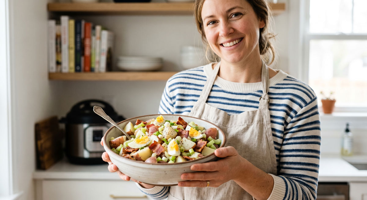 Smiling woman in a striped shirt and apron holds a large bowl of mixed salad in a bright kitchen.