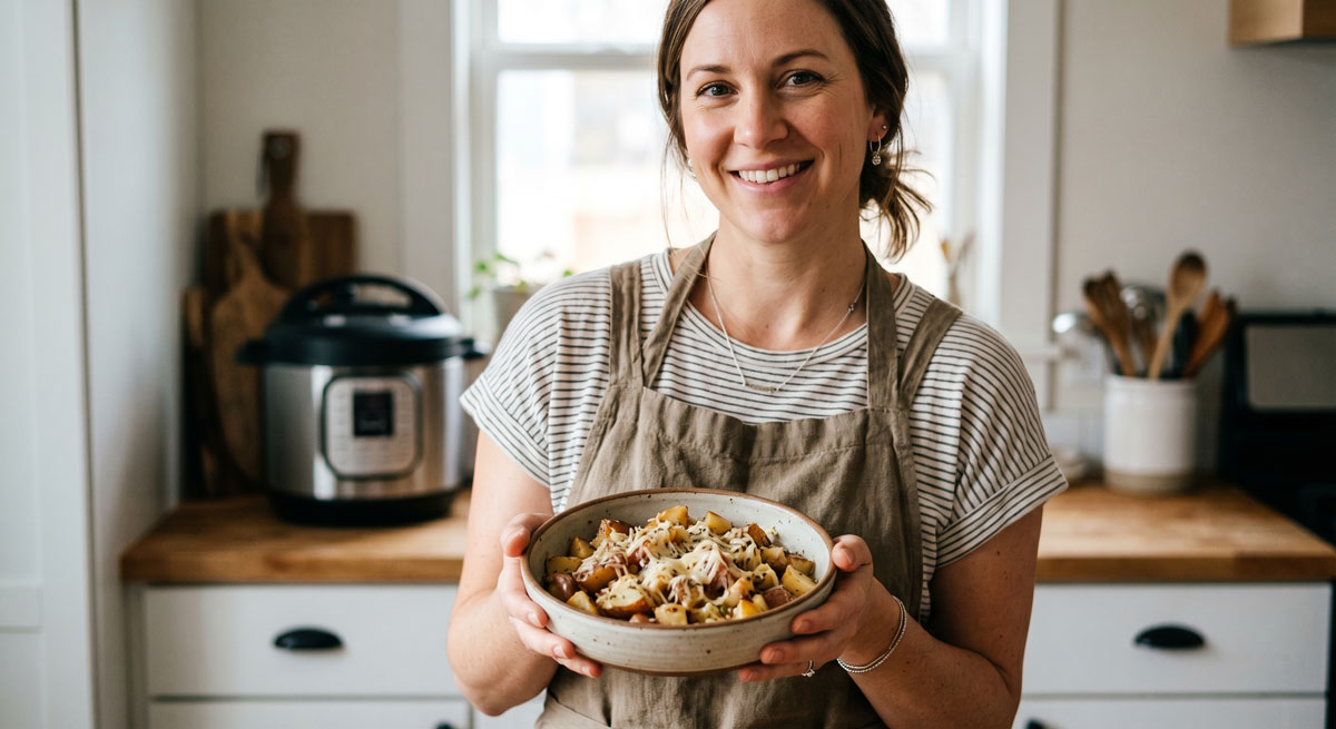 A female food blogger in a kitchen, wearing an apron, holding a rustic ceramic bowl filled with cooked Instant Pot cheesy red potatoes topped with melted parmesan and herbs, with an Instant Pot visible in the background.