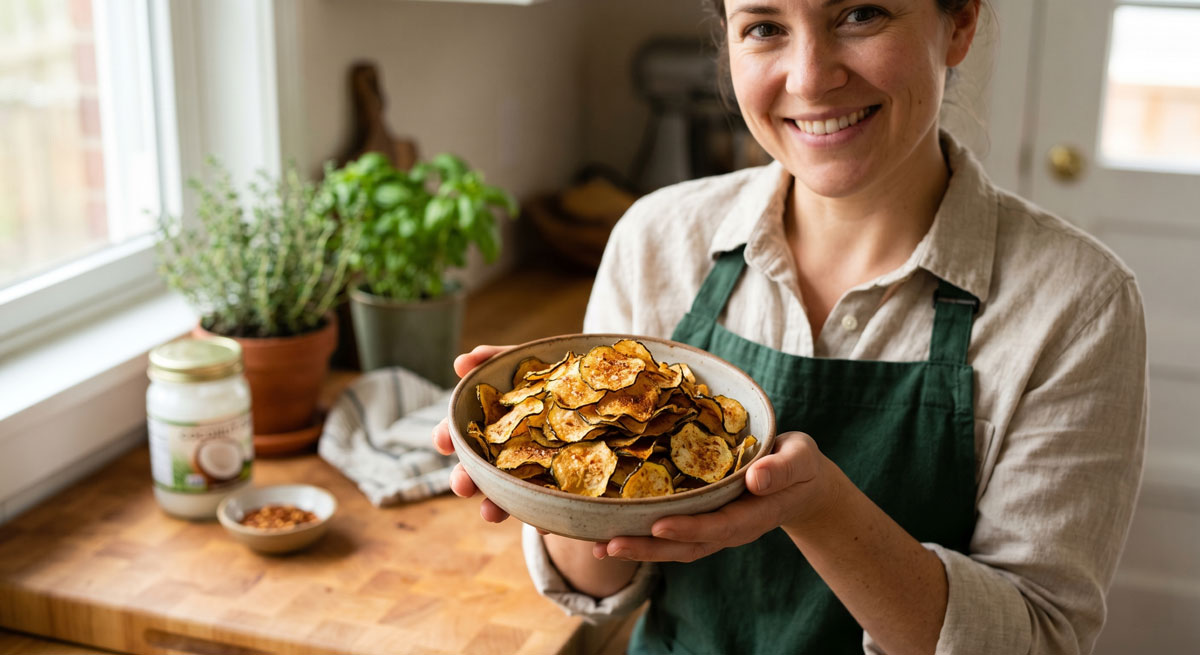A smiling woman standing in a bright kitchen holding a rustic ceramic bowl filled with crispy, golden-brown Spicy Zucchini Chips seasoned with taco spices.