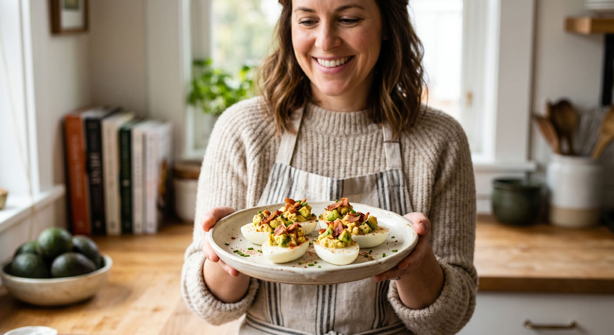 A smiling woman holding a rustic plate of delicious Bacon Avocado Stuffed Eggs garnished with paprika in a bright, cozy kitchen.