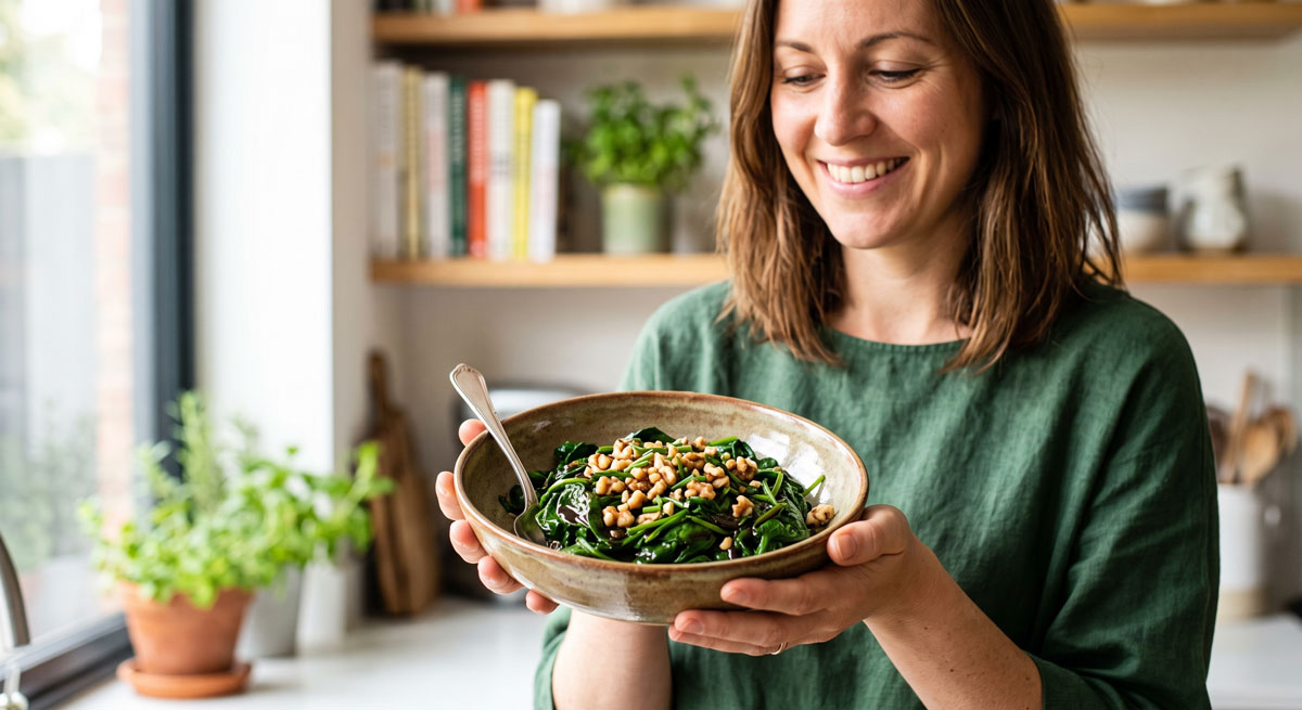 A woman smiling in a bright kitchen, holding a rustic ceramic bowl filled with freshly cooked Balsamic Glazed Spinach, topped with chopped walnuts and chives.
