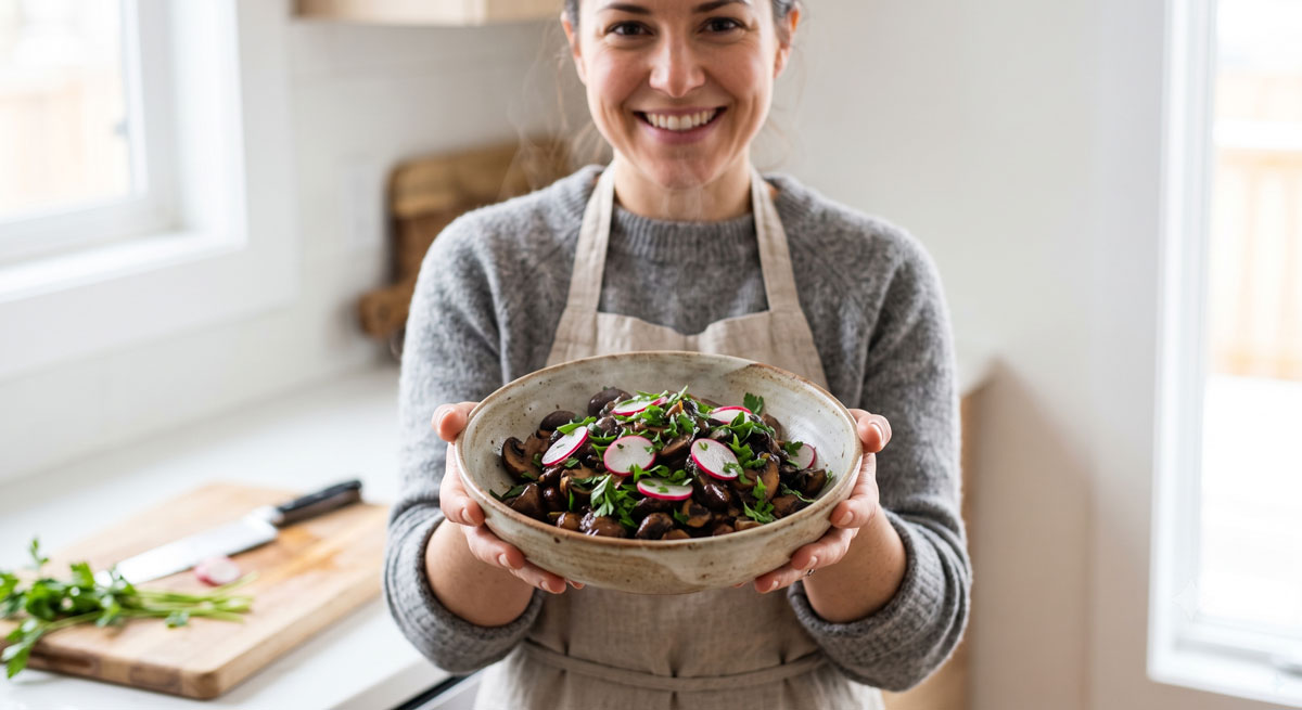 A smiling female chef in an apron holds out a rustic bowl of cooked Balsamic Mushrooms garnished with fresh parsley and radish slices, with an Instant Pot visible on the kitchen counter in the background.