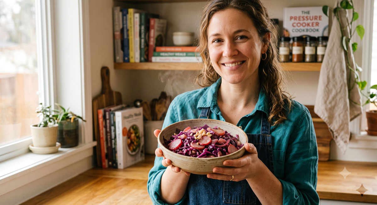 A smiling woman in a bright kitchen holding a rustic bowl of warm, freshly cooked Cabbage Radish Medley, featuring vibrant red cabbage and sliced radishes.
