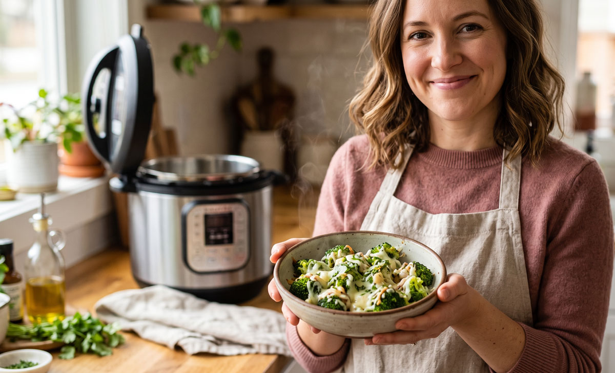 A woman in an apron holds a steaming bowl of Cheesy Broccoli Bites with melted mozzarella and cilantro garnish, with an Instant Pot visible on a wooden countertop in the background.