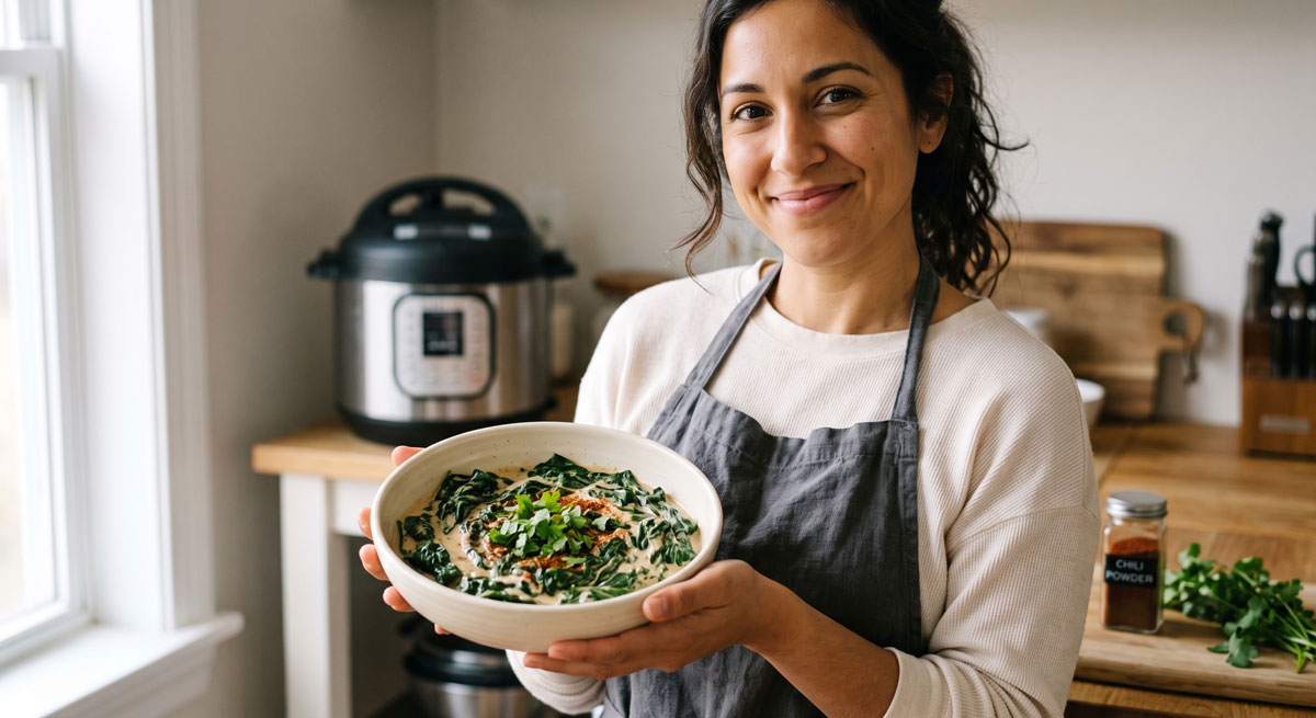 A female chef in an apron presenting a bowl of fresh, creamy coconut spinach in a kitchen setting, with an Instant Pot and ingredients visible in the background.