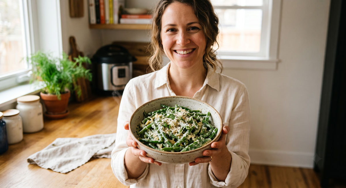 A ceramic bowl filled with cooked Parmesan Cream Green Beans, featuring a rich, velvety sauce, visible specks of black pepper, and generously topped with finely grated Parmesan cheese.