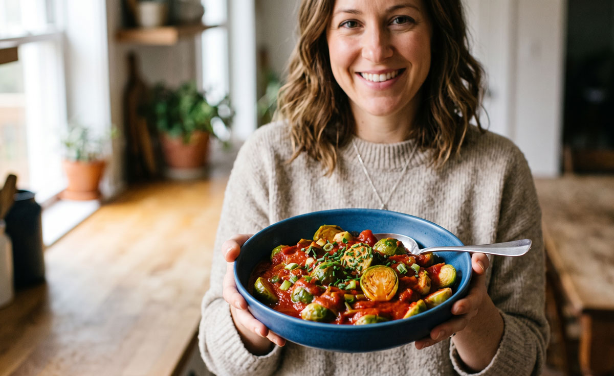 A smiling woman in a cozy kitchen setting holding up a deep blue bowl of freshly prepared Saucy Passata Brussels Sprouts, garnished with fresh chives.