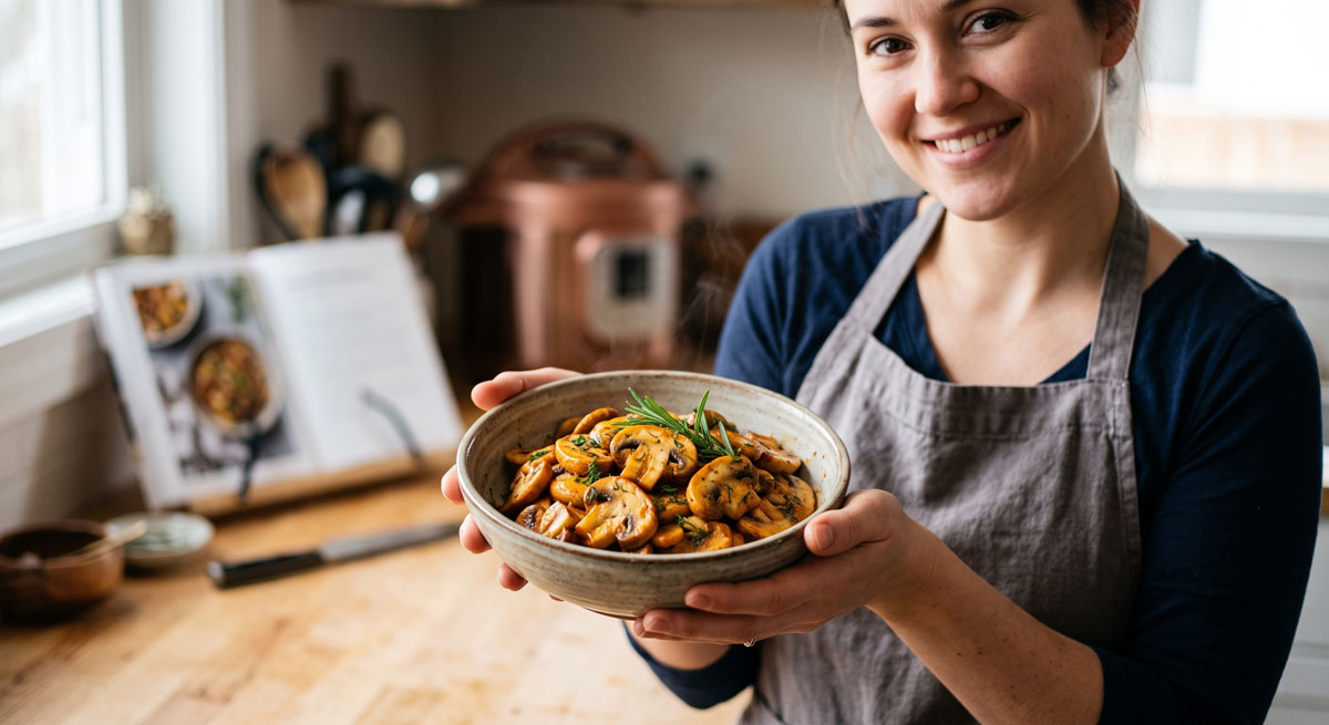 A food blogger in a gray apron smiles as she holds up a rustic bowl of finished Tangy White Mushrooms garnished with rosemary, in a kitchen setting with an Instant Pot and a recipe book in the background.