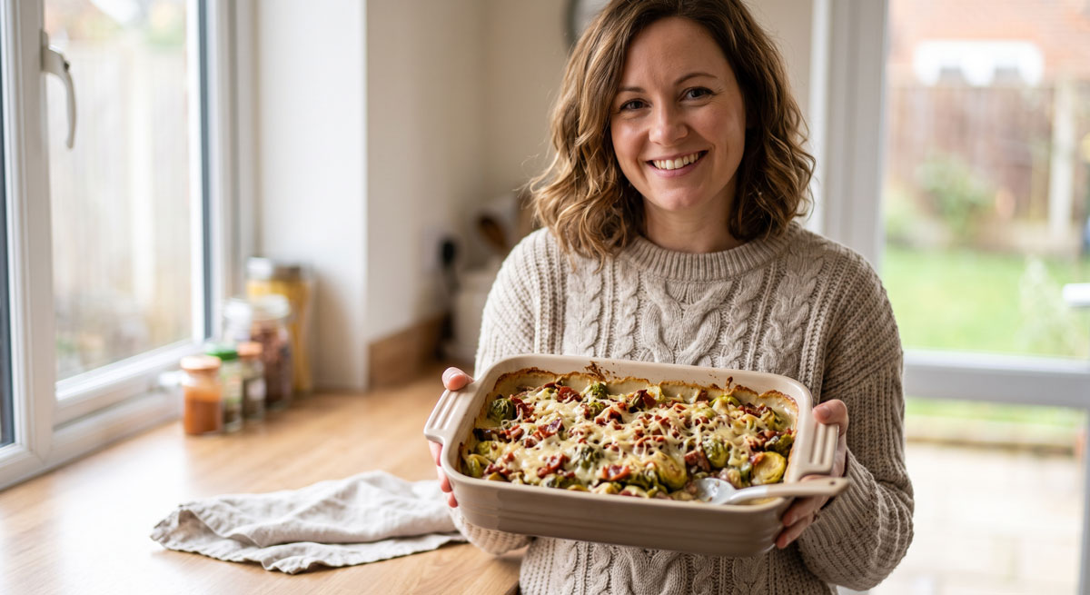 A smiling woman holds a ceramic baking dish filled with a cheesy baked Brussels sprouts casserole in a bright kitchen.