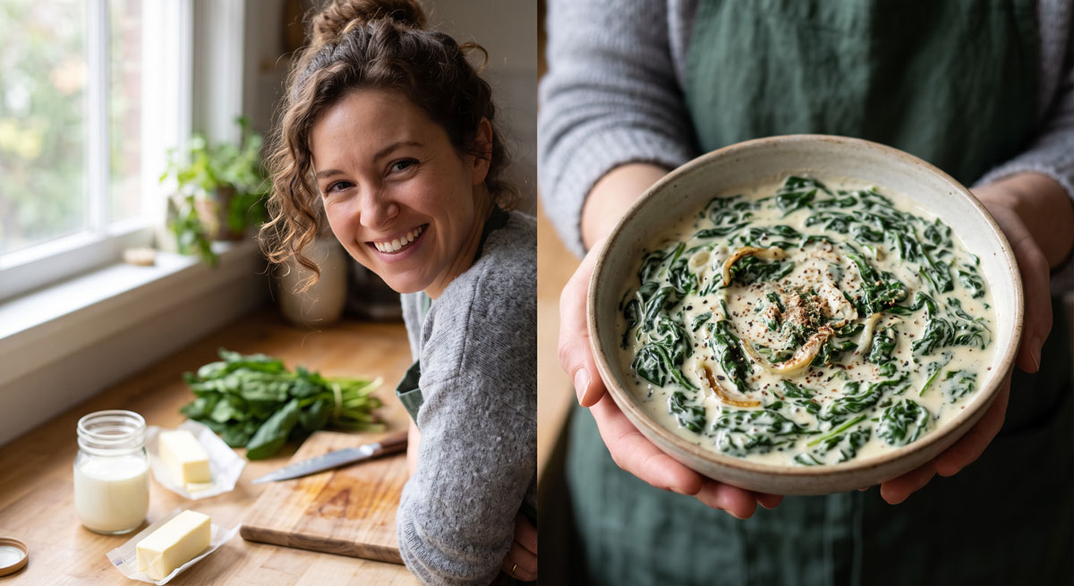A smiling woman in a kitchen holds a bowl of velvety creamed spinach, with ingredients like fresh spinach and butter in the background.