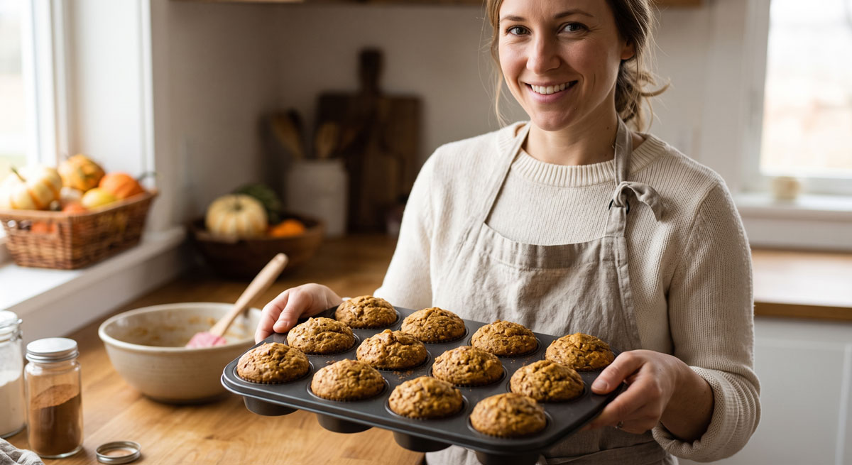 A woman in a rustic linen apron holding a metal baking pan filled with freshly baked, textured Flaxseed Pumpkin Muffins in a warm, natural light kitchen setting.