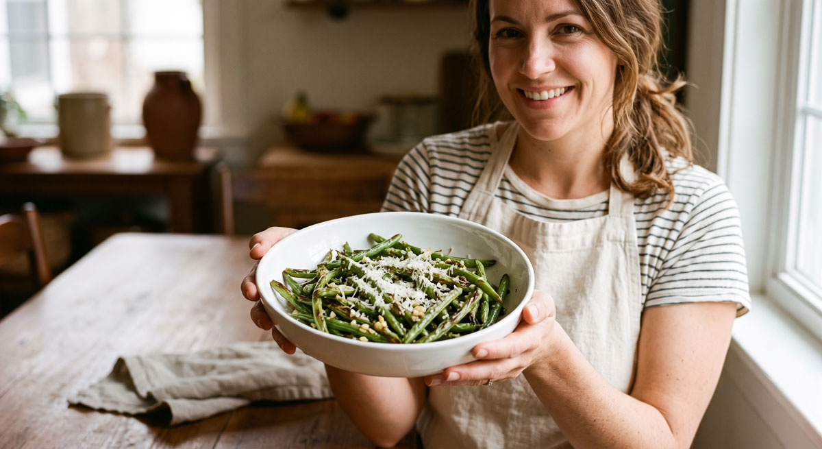 A smiling woman in an apron holding a white bowl of fresh, oven-roasted garlicky green beans topped with grated Parmesan cheese.