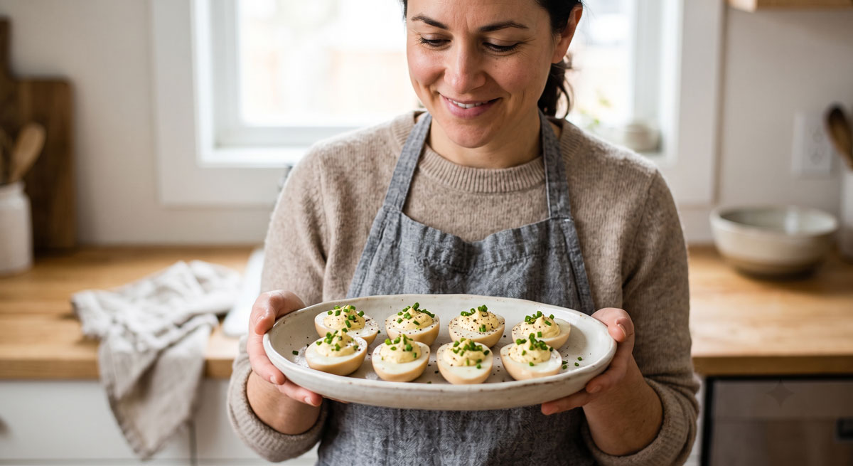 A woman in an apron holding a plate of deviled Marinated Eggs, garnished with fresh chives, in a rustic kitchen setting.