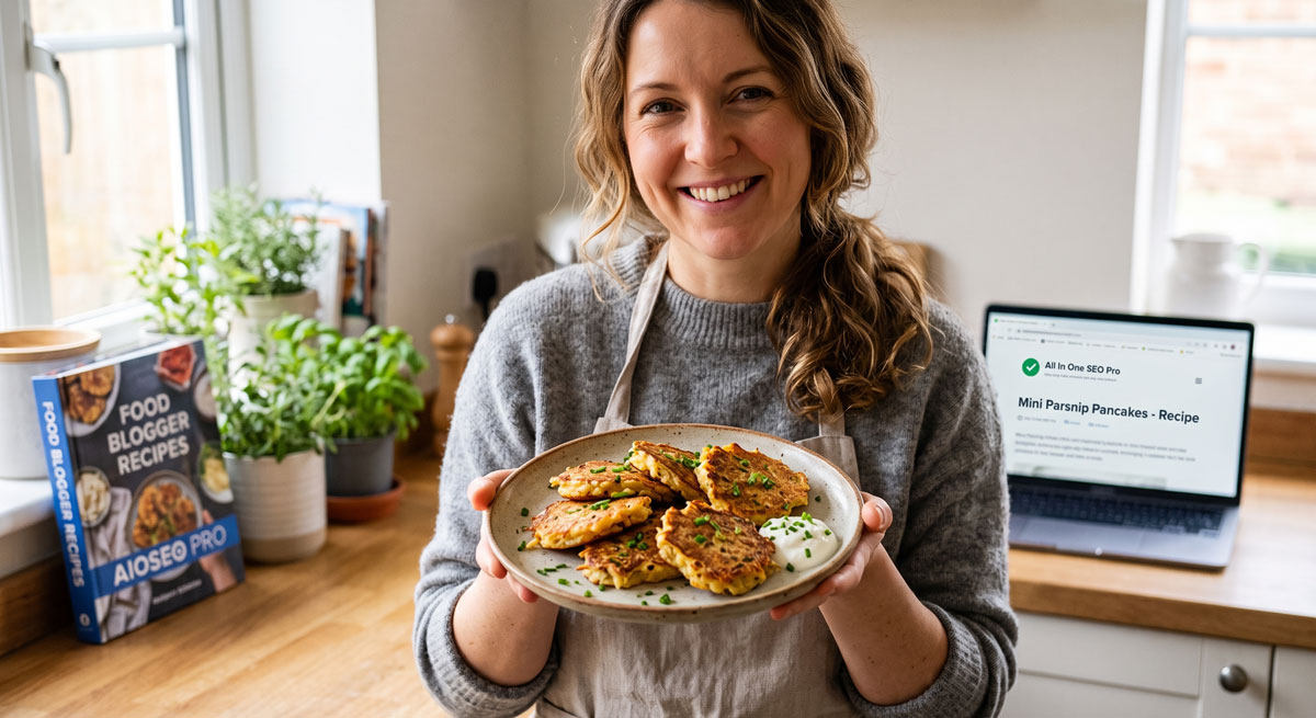 A woman in an apron smiling and holding a plate of savory Mini Parsnip Pancakes in a home kitchen.