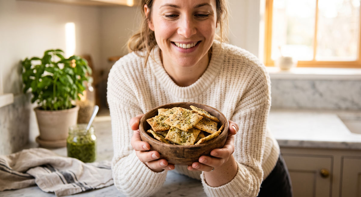 Smiling woman holding a rustic wooden bowl of freshly baked almond flour Pesto Crackers in a bright, cozy kitchen.