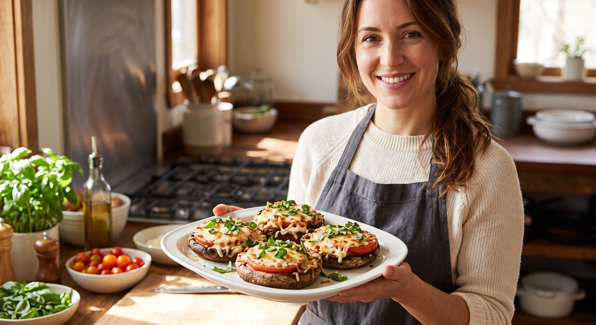 A smiling woman standing in a cozy, rustic kitchen holding a white serving plate with four freshly baked Portobello Mushroom Pizzas, topped with melted mozzarella, sliced tomatoes, and fresh basil.