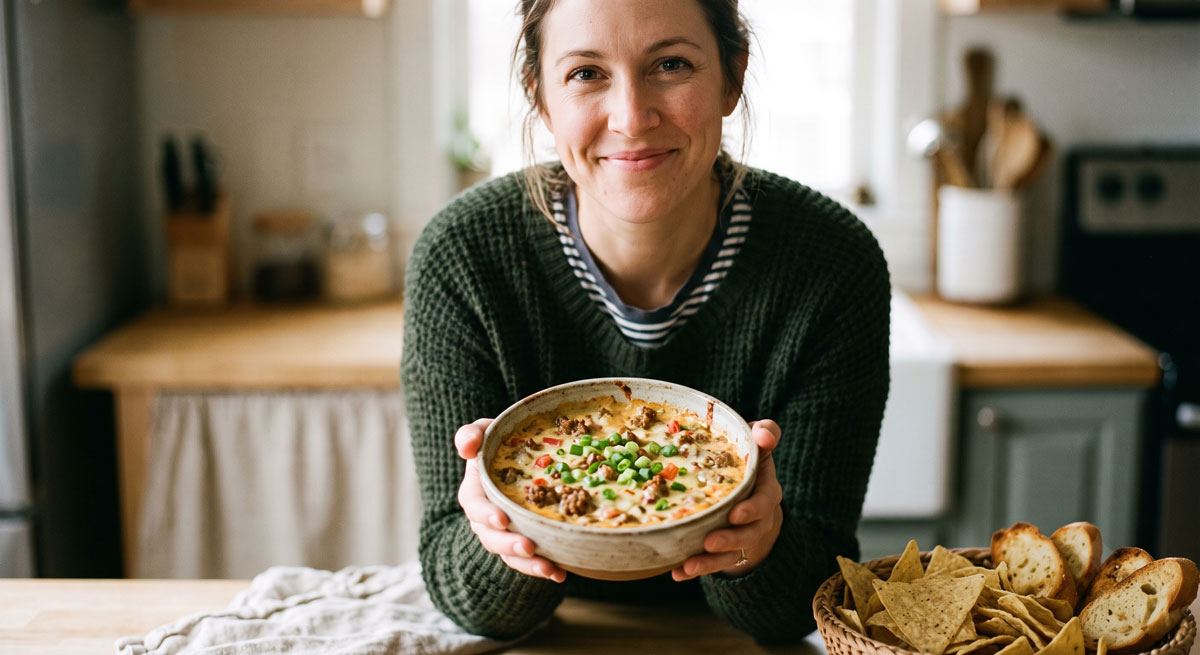 A woman comfortably holding a bowl of creamy, cheesy Sausage and Cheese Dip in a rustic kitchen setting, featuring ground Italian sausage and green onion garnish, with a basket of tortilla chips and crostini in the background.