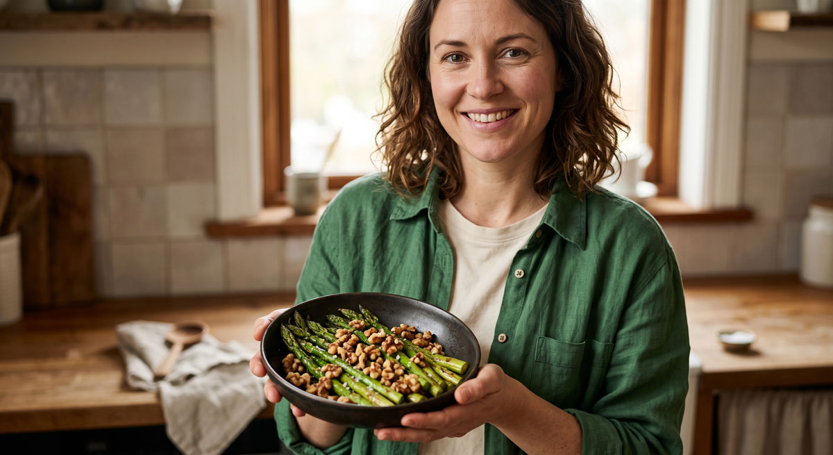 A smiling woman standing in a rustic kitchen, holding a dark ceramic bowl filled with freshly cooked Sautéed Asparagus with Walnuts.