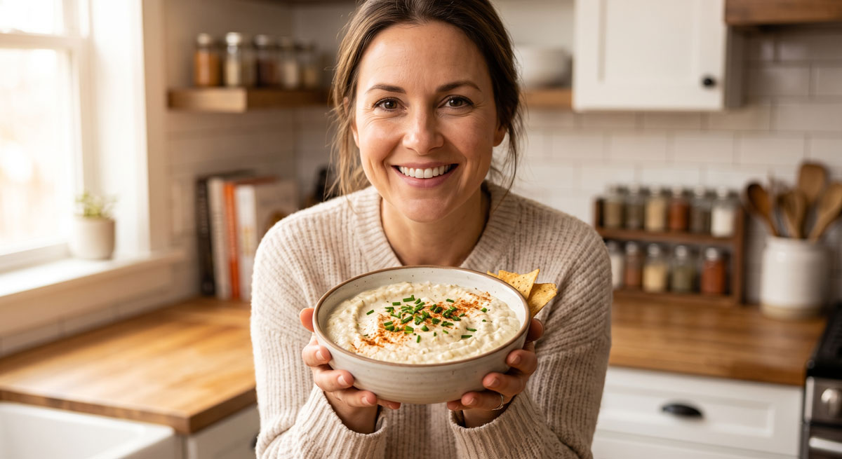 A cheerful woman in a home kitchen holds a bowl of creamy, homemade Tasty Onion and Cauliflower Dip garnished with chives and paprika, served with a side of tortilla chips.
