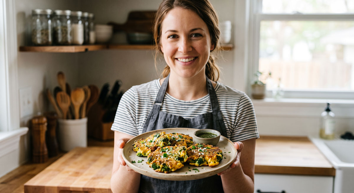 A smiling woman standing in a bright, modern kitchen holding a plate of warm, crispy Broccoli Fried Cheese patties with a dipping sauce.