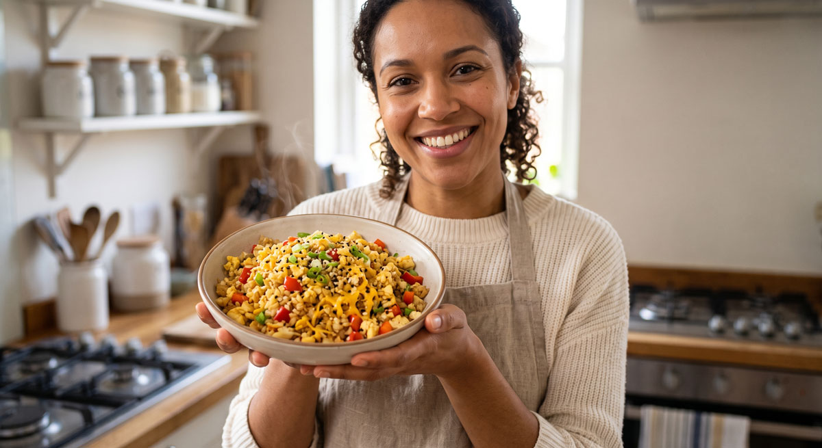 A smiling woman in a home kitchen comfortably holding a steaming bowl of colorful Coconut Cauli Fried Rice, ready to serve.