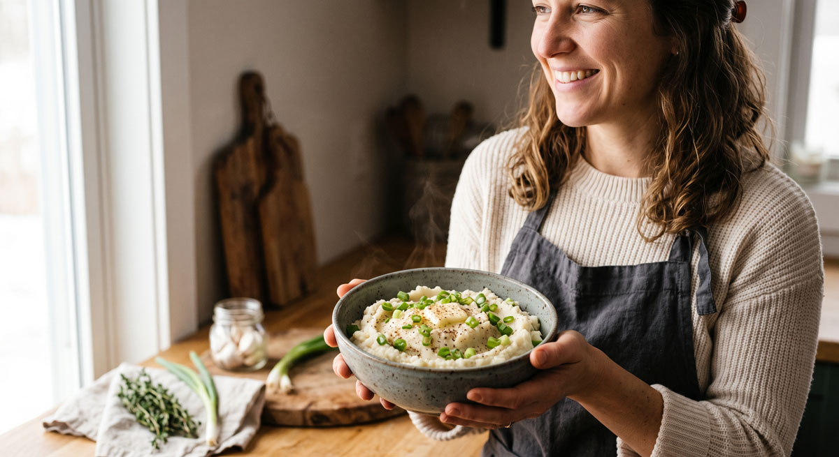 Smiling woman in a gray apron presents a bowl of creamy mashed potatoes topped with chopped chives in a bright kitchen.