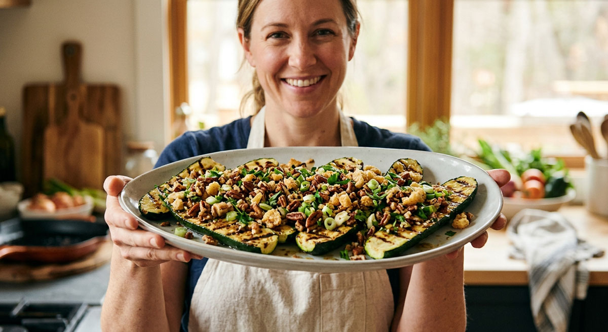 A smiling woman presenting a serving platter of freshly made Grilled Zucchini with Pecan Gremolata topped with chopped parsley and crushed pork rinds.
