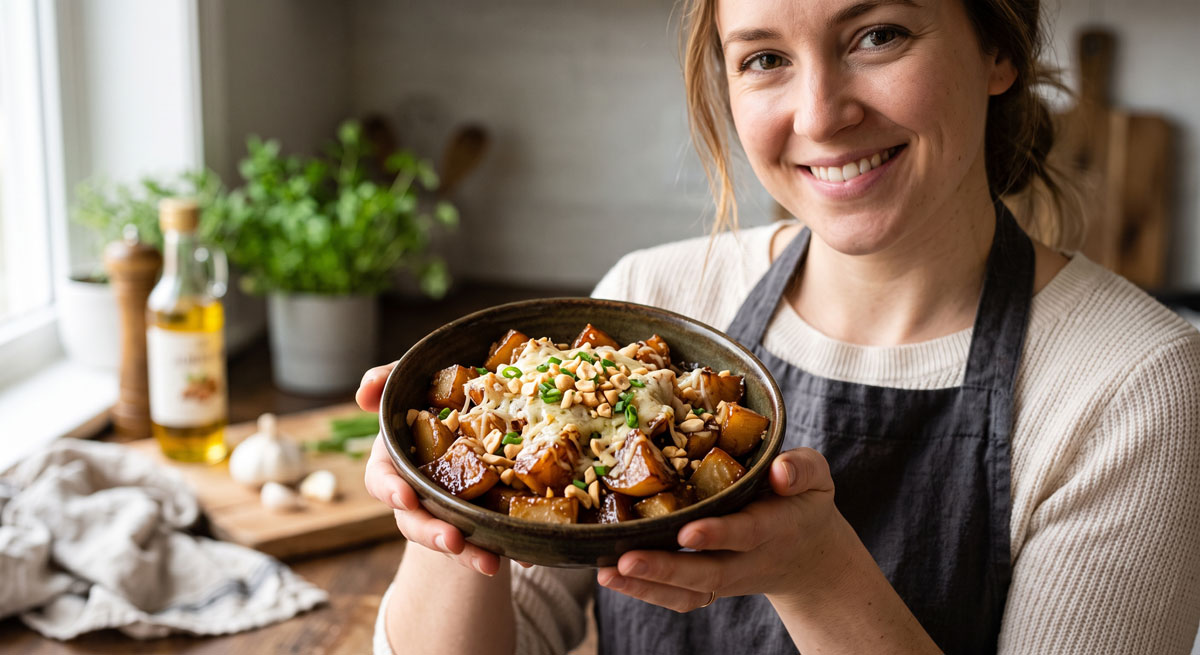 A smiling woman wearing a dark apron holding a rustic bowl of freshly cooked Korean braised turnips, topped with melted Gruyere cheese and chopped peanuts, standing in a bright kitchen.
