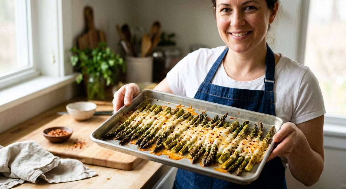 A smiling woman wearing a blue apron in a bright, rustic kitchen holding a fresh baking sheet of Spicy Butter Baked Asparagus topped with melted Monterey Jack cheese and a sprinkle of cayenne pepper.