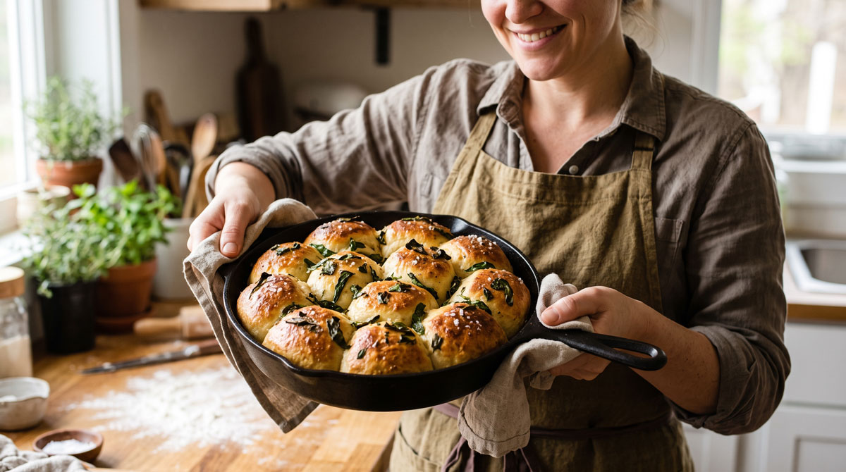 A woman in an apron comfortably holding a freshly baked, golden-brown Wild Garlic Skillet Bread in a cast-iron skillet using a kitchen towel in a rustic, natural-light kitchen.