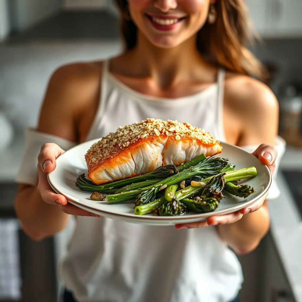 Almond-Parmesan Crusted Salmon with Braised Broccolini – vegetarian recipe